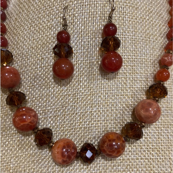 Fire Agate beaded necklace and French wire earrings. Glass Faceted Beads - Picture 2 of 4
